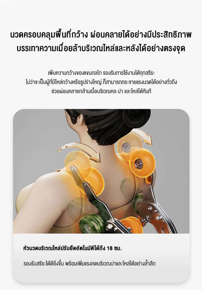 06 เก้าอี้นวดครอบคลุมพื้นที่กว้าง ปรับหัวนวดไหล่ได้ 18 ซม.